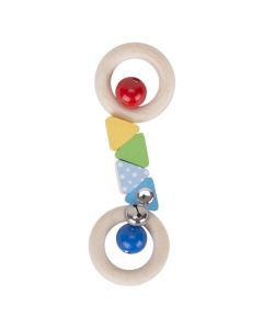 Hochet double anneaux en bois naturel et triangles multicolore Greg